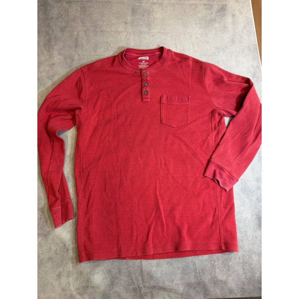 Duluth Trading Co Mens Red Waffle Knit Henley Shirt Long Sleeve Pocket XLT